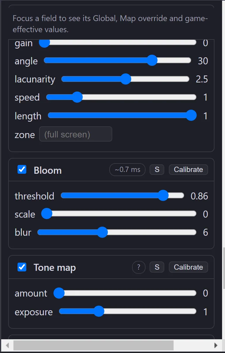 The Foreground Light Tuning panel. The bloom channel shows a measured cost of about 0.7 milliseconds and its own Calibrate button; a channel that has not been measured yet shows a question mark.