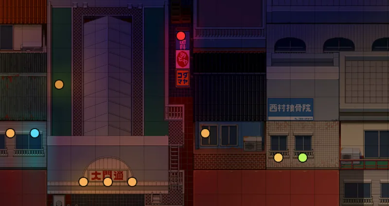 A late-night shopping street in the Foreground Light editor. Coloured light points placed by the map's author sit on shop signs, windows and an arcade entrance, and a red neon sign glows against the dark buildings.