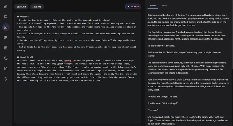 The Foreground Script formatter. The writer's outline and rough draft are on the left; on the right is the finished scene prose, with tabs to switch between two generated drafts.