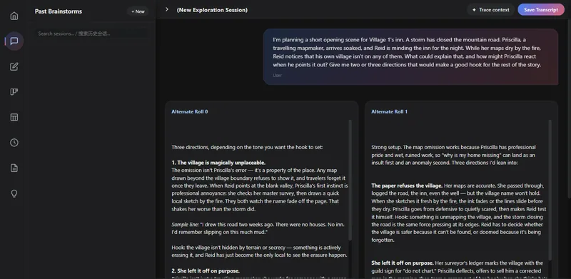 The Foreground Script exploration workspace. The writer has asked for ideas for an opening scene at a village inn, and two alternative answers from the assistant appear side by side.