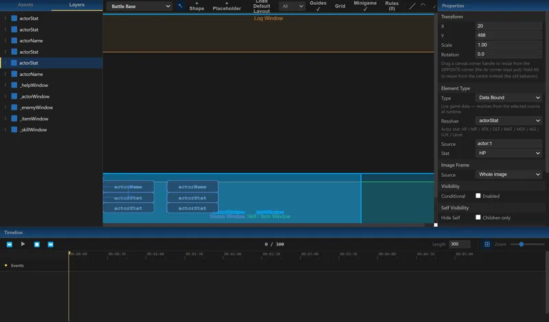 The Battle Editor with a battle layout open. An HP field is selected, and the Properties panel shows it is a data-bound element that reads the HP stat of actor 1, with an option for conditional visibility.