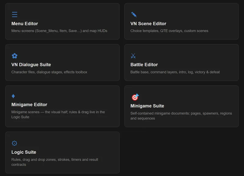 The Foreground Stage launcher, with workspace cards for the Menu Editor, VN Scene Editor, VN Dialogue Suite, Battle Editor, Minigame Editor, Minigame Suite and Logic Suite.